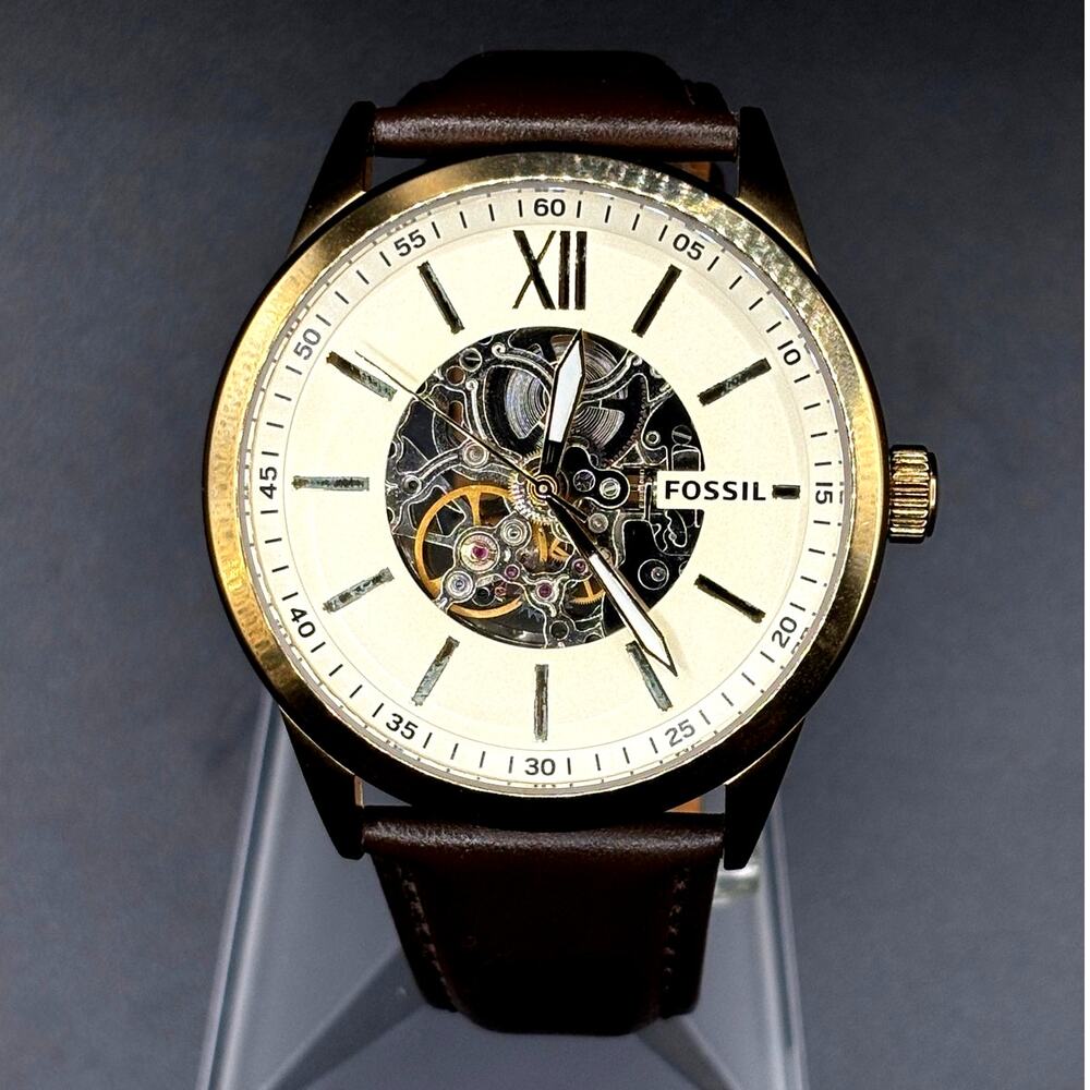 Fossil Flynn BQ2382 Automatic Men's Watch Skeleton Dial Leather Strap 48mm